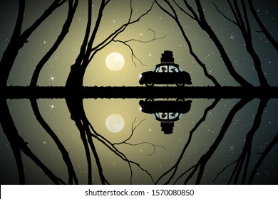 Retro car on lake road on moonlit night. Vector illustration with silhouettes of woman and dog traveling in camper between trees. Solo road trip. Full moon in starry sky