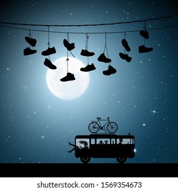 Retro car on moonlit night. Vector illustration with silhouettes of parents with children traveling in camper. Shoes hanging on wires. Family road trip. Full moon in starry sky