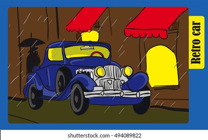 Retro car on night London street