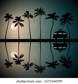 Retro car on palm beach on moonlit night. Vector illustration with silhouettes of people and cat traveling in camper. Family road trip. Full moon in starry sky