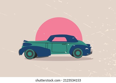 retro car on a red background, stone wall transportation of people