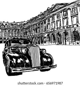 Retro car on the road in the city center. Sketch vector illustration.