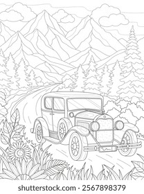 Retro car on the road. Nature, mountains, flowers. Coloring page for adults. Vector image.