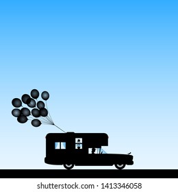 Retro car on road. Vector illustration with silhouettes of woman traveling in camper. Family road trip. Blue pastel background