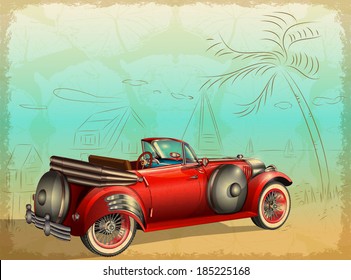 camión retro en verano con palmeras y conchas marinas