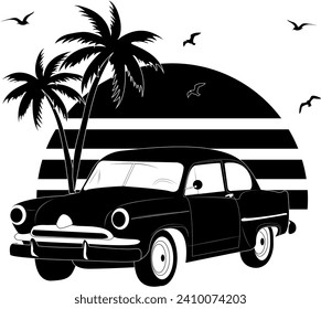 Retro car on the summer beach. Silhouette palm trees and sunset. Design of greeting cards, posters, patches, prints on clothes, emblems, tattoos. Flying seagulls. Sun on the beach.