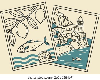 Retro car on a summer beach with palm trees, a boat on the ocean, and a vintage travel postcard design
