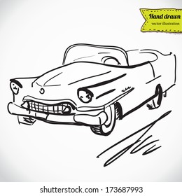 retro car on white background,  vector sketchy illustration isolated, hand - drawn