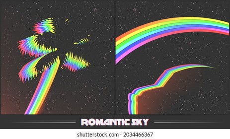 Retro car and palm outline. Rainbow in starry sky. Space background