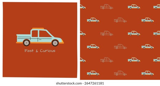 Retro Car pickup cartoon seamless pattern. Hand drawn cute automobile car kid endless boundless background design. Simple children funny auto transport comic repeat print wallpaper vector illustration