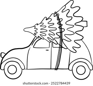 Retro car with pin Christmas tree on roof top illustration, Black outline holiday retro greeting card line art, Fun Christmas line art.