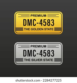 Retro car plate for banner design. License plate. Gold and silver license plate on a black background. The golden state. Premium car number. Vector illustration