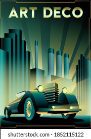 Retro Car Poster. Handmade Drawing Vector Illustration. Art Deco Style.