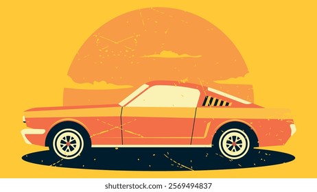 Retro Car Poster, Mustang 1965 Red Color, Sunset Retro Texture Poster With Sportcar