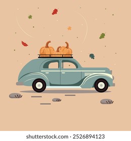 Coche retro con calabazas en el maletero. Concepto de cosecha de otoño. Ilustración plana de dibujos animados, Vector. 
