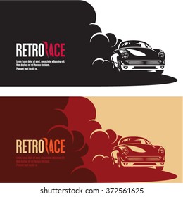  retro car race banner, retro style sports car vector silhouette, car racing in a puff of smoke