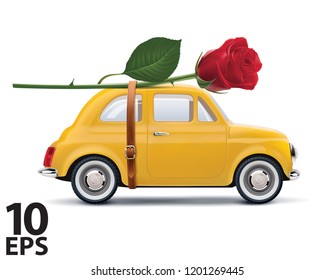 Retro Car With Red Rose Isolated On White. Realistic Vector 3d Illustration