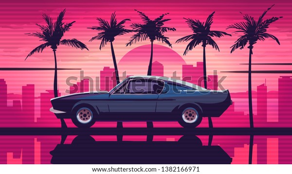 Retro car rides among the palm trees against the\
backdrop of the sunset in the city. Pink background in the style of\
retro sythwave 80s.