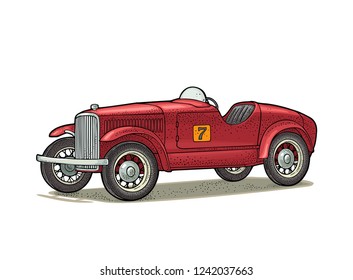 Retro car roadster. Side view. Vintage color engraving illustration for poster, web. Isolated on white background.