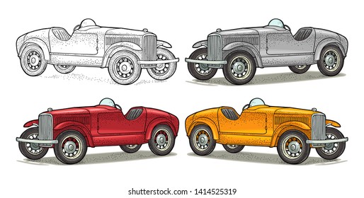 Retro car roadster. Side view. Vintage color engraving illustration for poster, web. Isolated on white background.