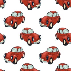Retro Car Seamless Pattern. Cartoon Transportation Background For Kids. Vector Seamless Pattern With Doodle Toy Cars And Traffic Signs
