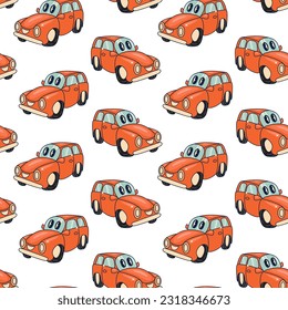 Retro car seamless pattern. Cartoon Transportation Background for Kids. Vector Seamless Pattern with doodle Toy Cars and Traffic signs