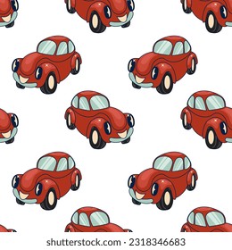 Retro Auto nahtlos Muster. Cartoon Transportation Hintergrund für Kinder. Vektor-Nahtloses Muster mit doodle-Toy-Autos und Verkehrszeichen