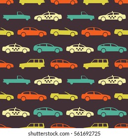 Retro car seamless pattern. Vector illustration for transport design. Bright vehicle, car, automobile, taxi pattern. Car wallpaper background. Cartoon silhouette shape. Transportation auto pattern