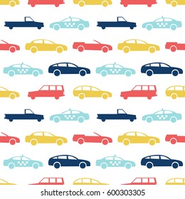 Retro car seamless pattern. Vector illustration for transport design. Bright vehicle, automobile, taxi pattern. Car wallpaper background. Cartoon silhouette shape. Transportation auto pattern