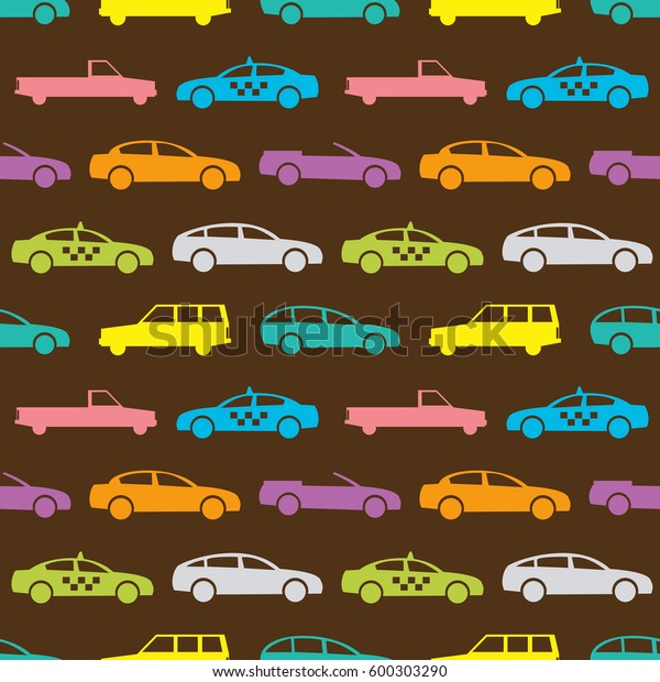 Retro car seamless pattern. Vector illustration\
for transport design. Bright vehicle, automobile, taxi pattern. Car\
wallpaper background. Cartoon silhouette shape. Transportation auto\
pattern