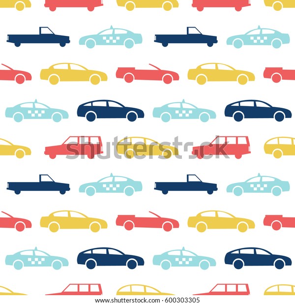 Retro car seamless pattern. Vector illustration\
for transport design. Bright vehicle, automobile, taxi pattern. Car\
wallpaper background. Cartoon silhouette shape. Transportation auto\
pattern