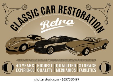 Retro car service advertising. American style. Vintage vehicle repairing workshop. Racing garage. Automotive old school graphic design. Editable illustration. Landscape poster. Transportation concept svg