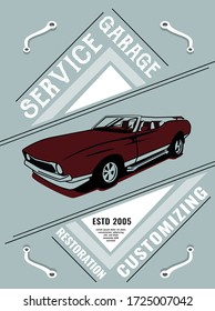 Retro car service advertising in American style. Vintage vehicle repairing workshop. Racing garage. Automotive old school graphic design. Editable illustration. Vertical poster. Transportation concept