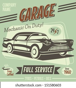 Retro car service sign. Vector illustration.