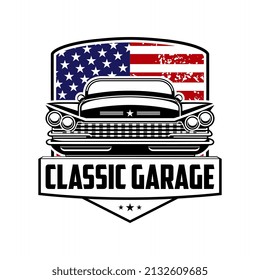 Retro car service sign. Vector illustration with the image of an old classic car, design logos, posters, banners, signage.