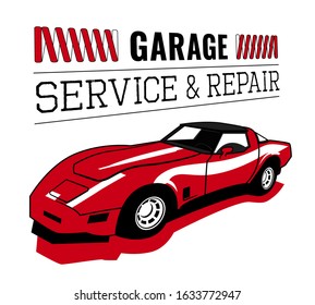 Retro car service sign. Vintage vehicle repairing workshop. Racing garage. Automotive icon. American advertising style. Editable illustration isolated on a white background. Transportation concept svg