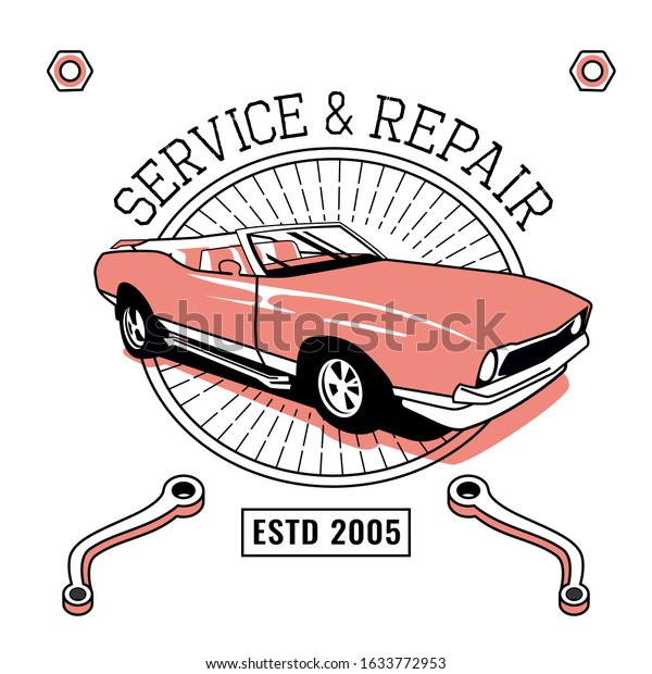 Retro car service sign. Vintage vehicle repairing
workshop. Racing garage. Automotive icon. American advertising
style. Editable illustration isolated on a white background.
Transportation concept