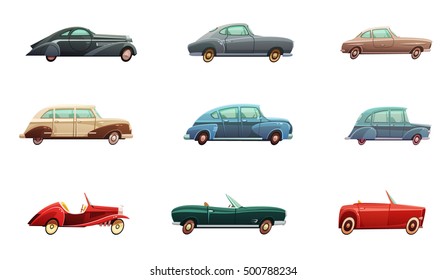 Retro car set of classic sport and convertible side view models of middle of twentieth century isolated vector illustration