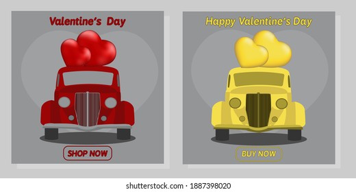 Retro car set for Valentine's Day. Vector illustration. retro car in red and yellow with a heart. Suitable for greeting cards and promotions