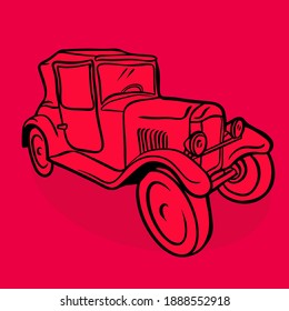 Retro car sketch on red background. Vintage vector illustration.