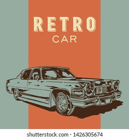 Retro Car. Sketch Vector poster.