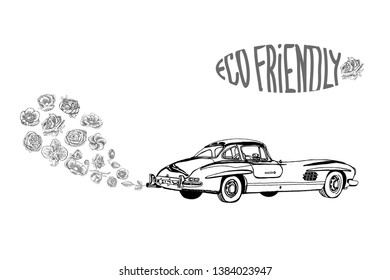 Retro car with smoke of flowers going from exhaust pipe. Vintage transport, hand drawn line art. Concept - ecology friendly. 