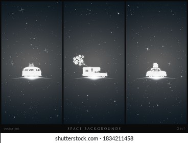 Retro car in space. White silhouettes of people traveling in camper. Black and white vertical backgrounds with stars and glowing outline. Abstract vector illustration set