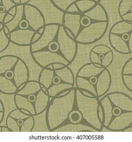 Retro car steering wheels seamless pattern. Repeating texture with vintage automobile handlebars on greenish background. Vector illustration suitable for textile and print designs.