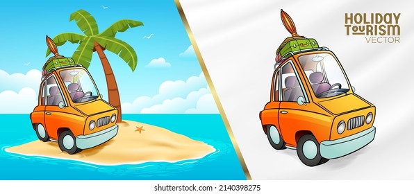 retro car suitcase bag umbrella palm island sea sky cloud vacation tourism vector