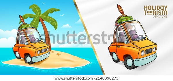 retro car suitcase bag umbrella palm\
island sea sky cloud vacation tourism\
vector