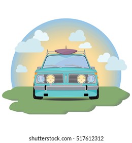 Retro car with a surfboard.