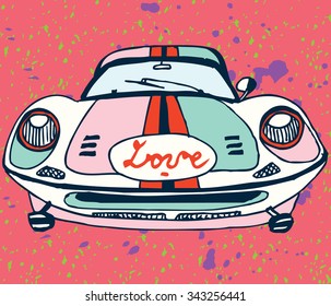 Retro Car with symbols of Love