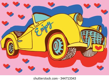Retro Car with symbols of Love