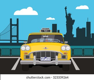 Retro Car Taxi In New York. Vector Illustration.